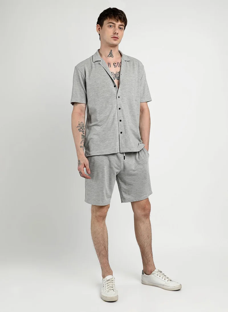CAHOOT  Men's Light Grey Heathered Knitted Co-Ord Set For Casual Wear | Cuban Collar | Short Sleeve | Button Closure | Co-Ords Crafted With Comfort Fit For Everyday Wear for Men | Best Price UAE